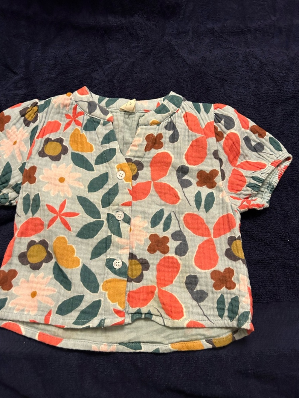 Kids Floral Button-Front Shirt in Mint with Coral Accents
